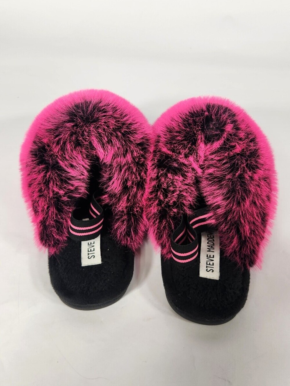 Steve Madden Black and Hot Pink Faux Fur Slippers
